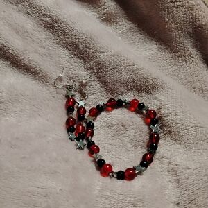 Handmade red black and silver star beaded bracelet with earrings